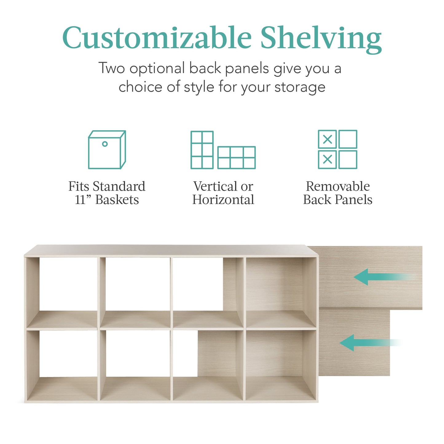 8-Cube Bookshelf, 11in Storage Display w/ Removable Panels, Customizable