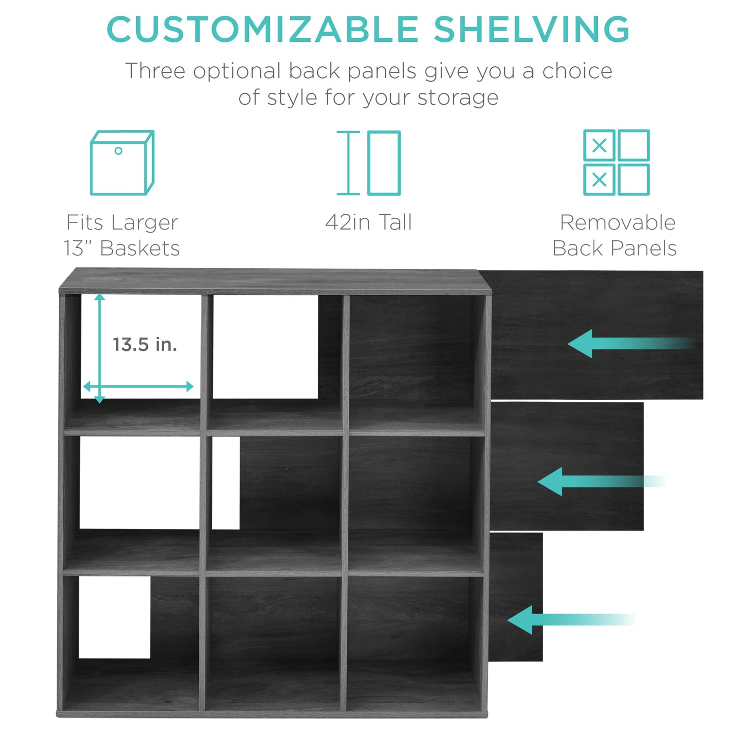9-Cube Bookshelf, 13.5in Storage Display w/ Removable Panels, Customizable
