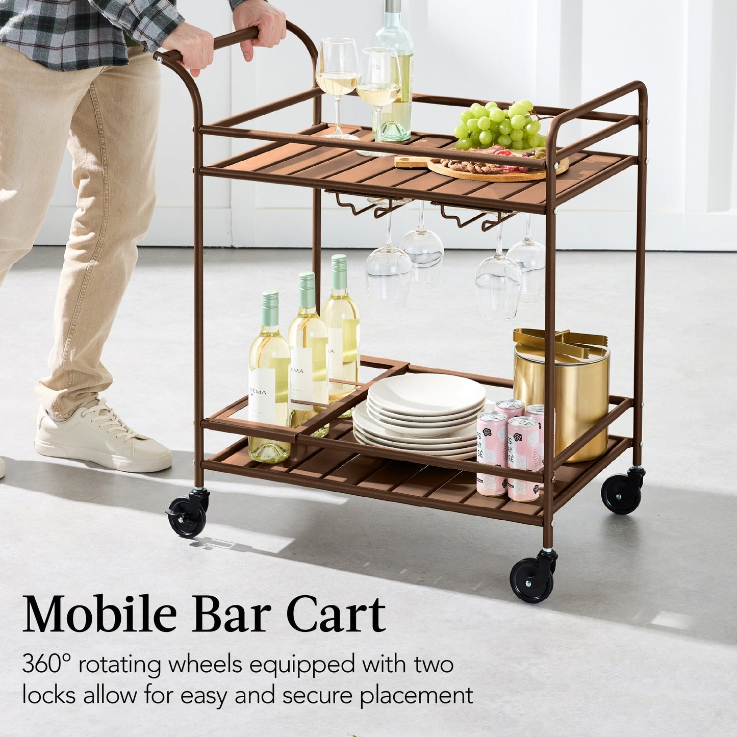 2-Tier Rolling Bar Cart Indoor/Outdoor w/ Shelves, Wine Rack, Locking Wheels