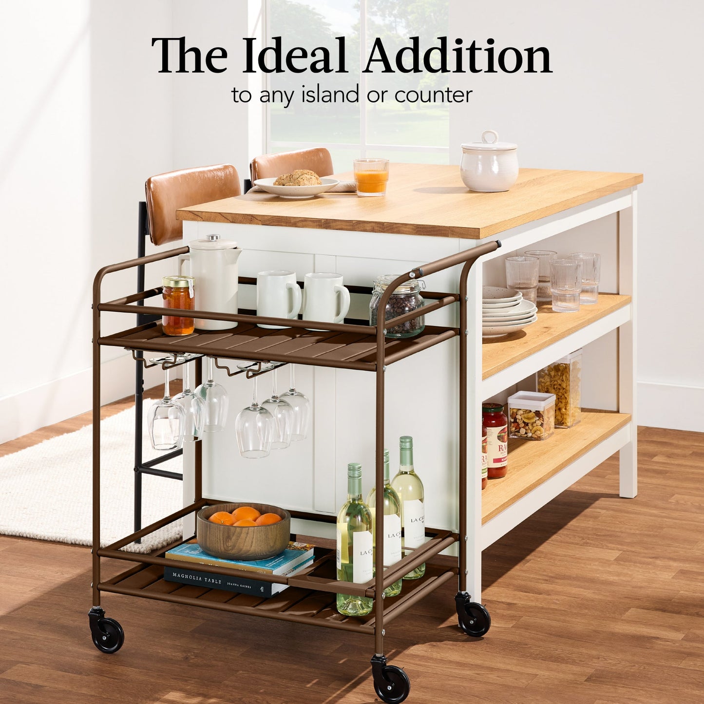2-Tier Rolling Bar Cart Indoor/Outdoor w/ Shelves, Wine Rack, Locking Wheels