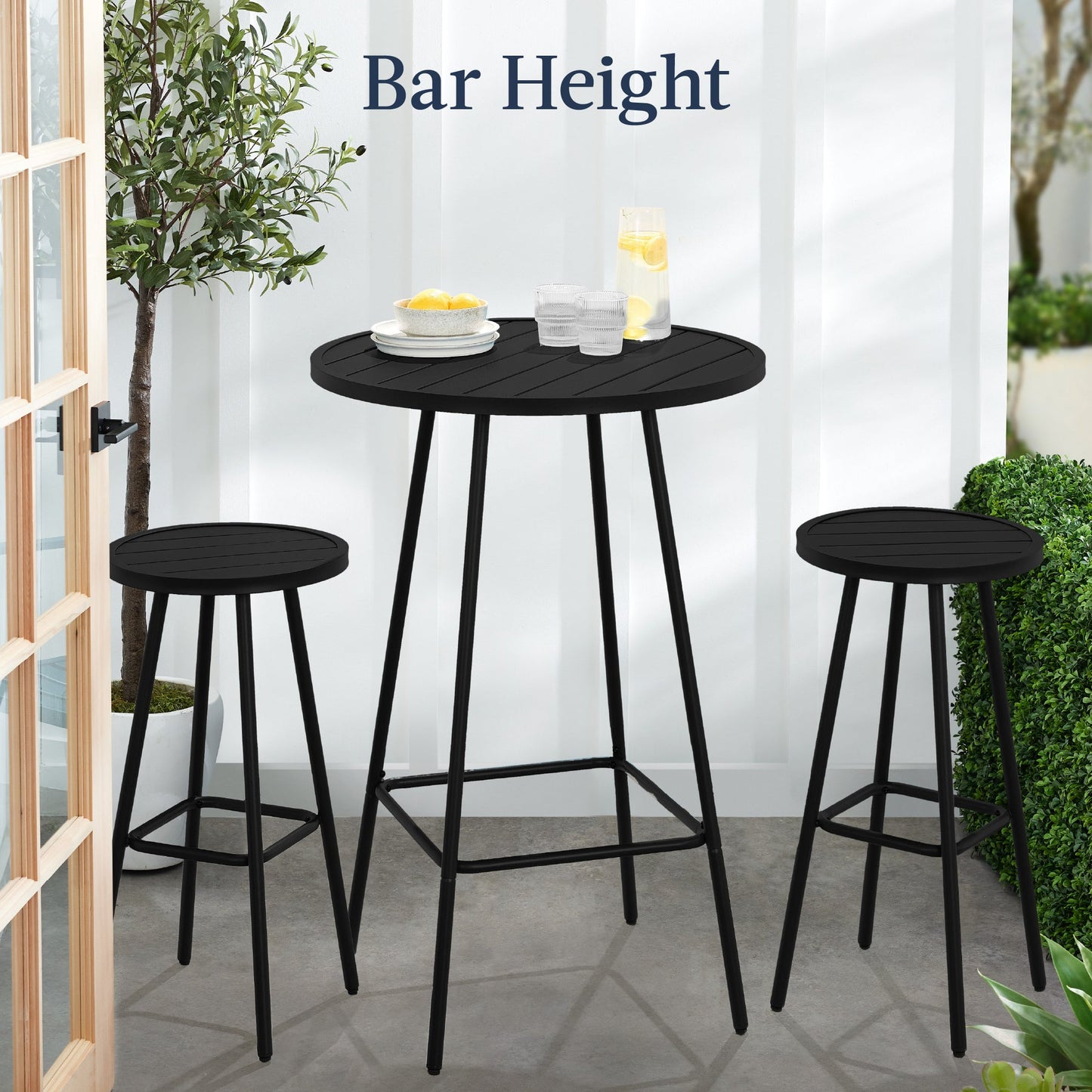 3-Piece Patio Bar Height Bistro Set w/ Backless Stools, Slatted Design