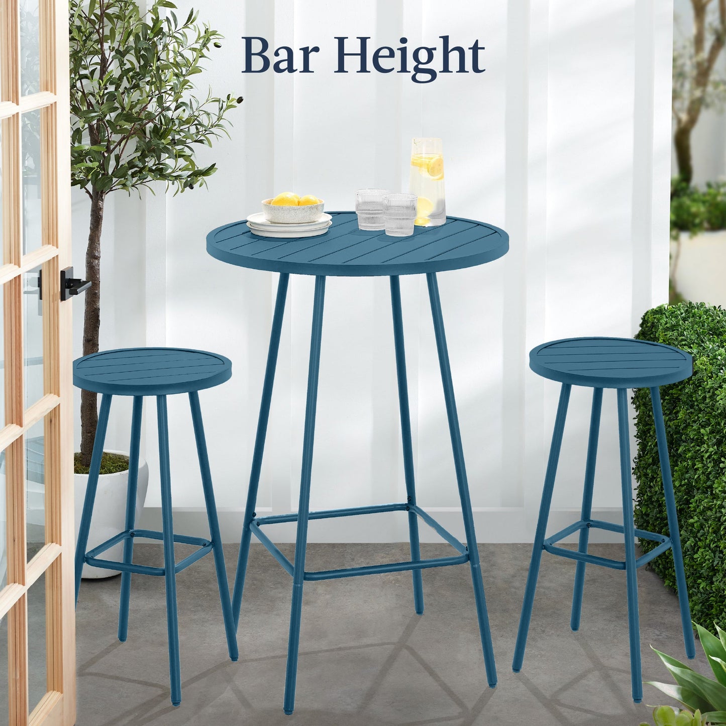 3-Piece Patio Bar Height Bistro Set w/ Backless Stools, Slatted Design