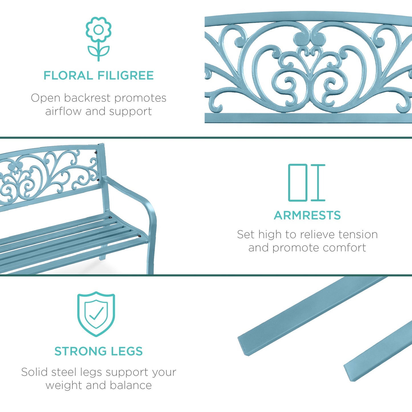 Steel Bench for Outdoor, Patio, Garden w/ Floral Design - 50in