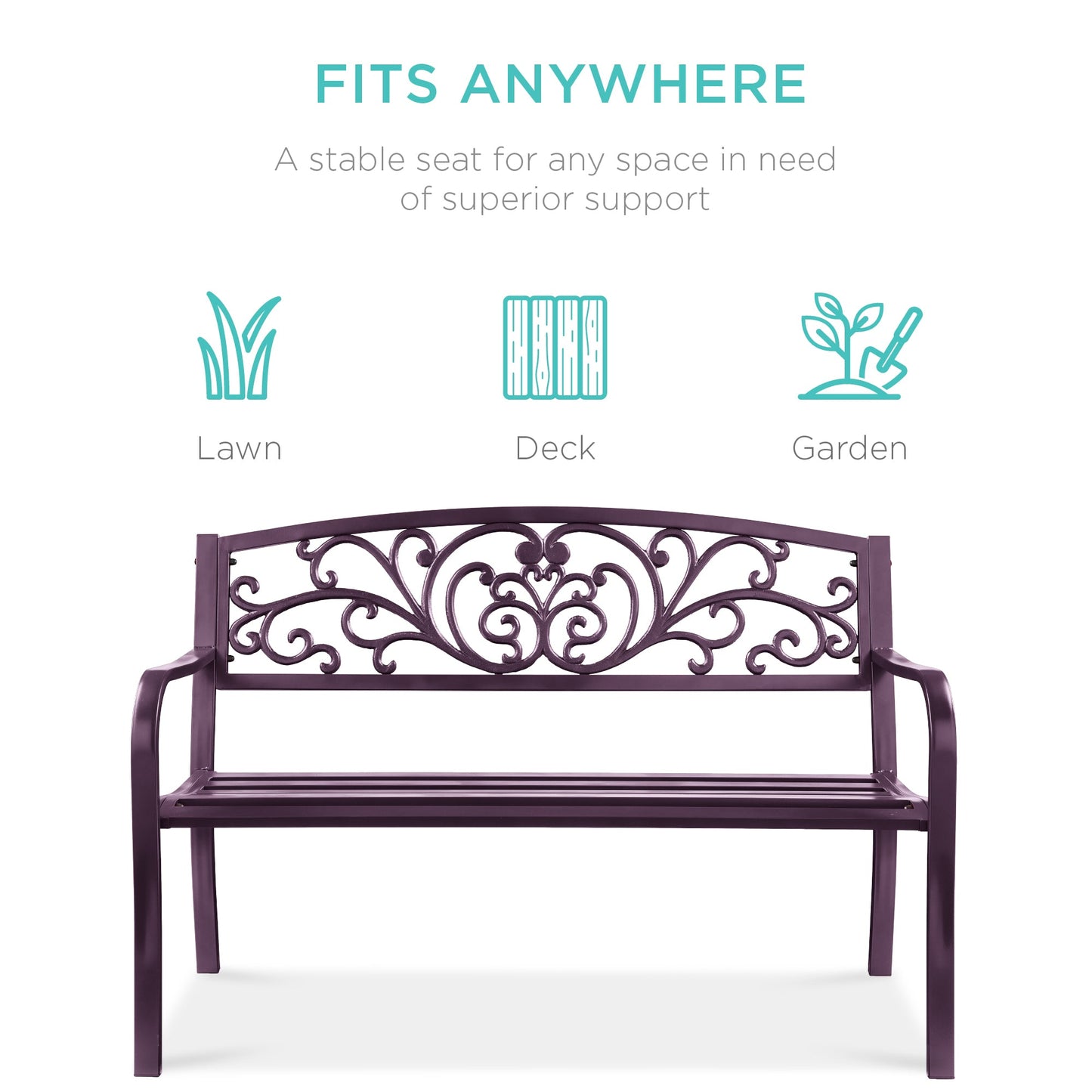 Steel Bench for Outdoor, Patio, Garden w/ Floral Design - 50in