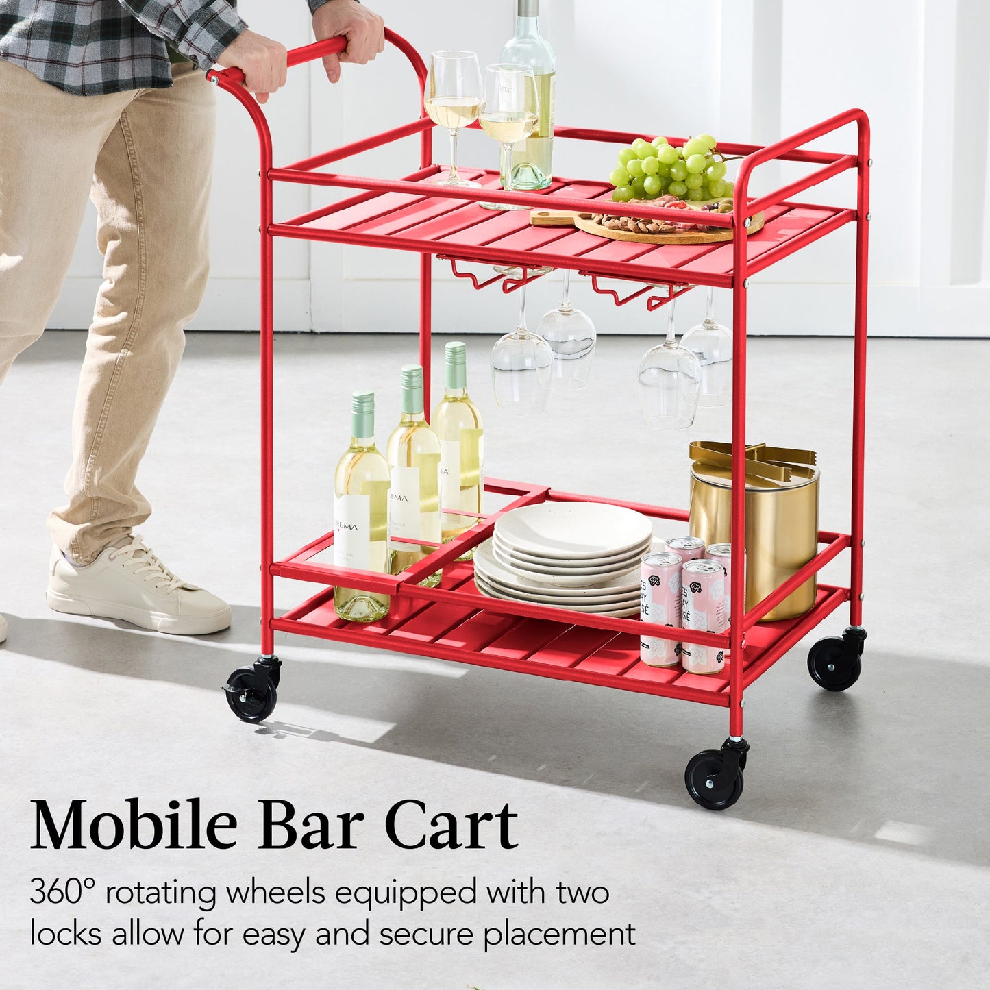 2-Tier Rolling Bar Cart Indoor/Outdoor w/ Shelves, Wine Rack, Locking Wheels