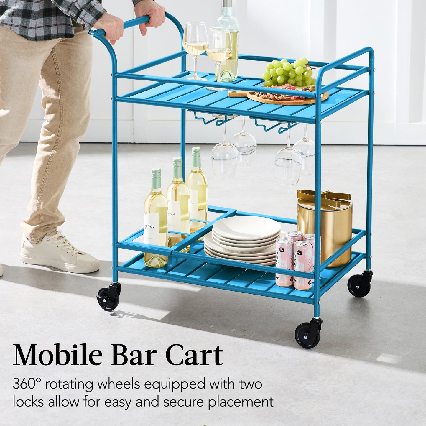 2-Tier Rolling Bar Cart Indoor/Outdoor w/ Shelves, Wine Rack, Locking Wheels