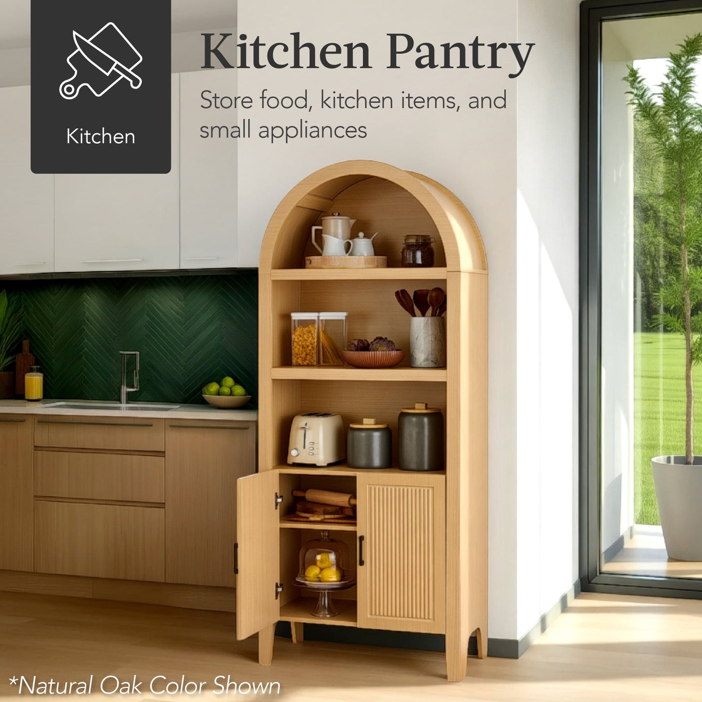 Arched 5-Tier Storage Cabinet w/ Reeded Doors, Adjustable Shelves - 72in