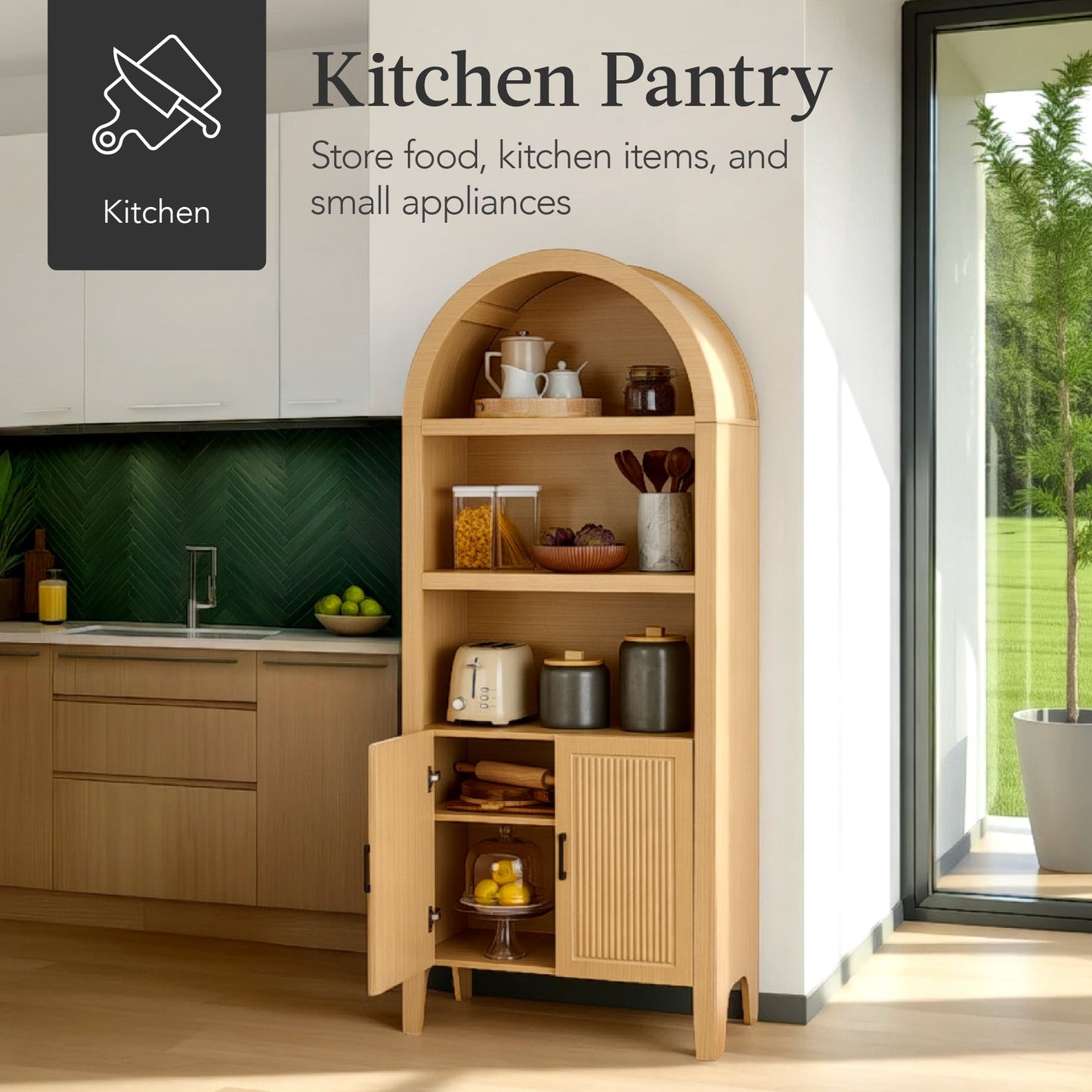 Arched 5-Tier Storage Cabinet w/ Reeded Doors, Adjustable Shelves - 72in