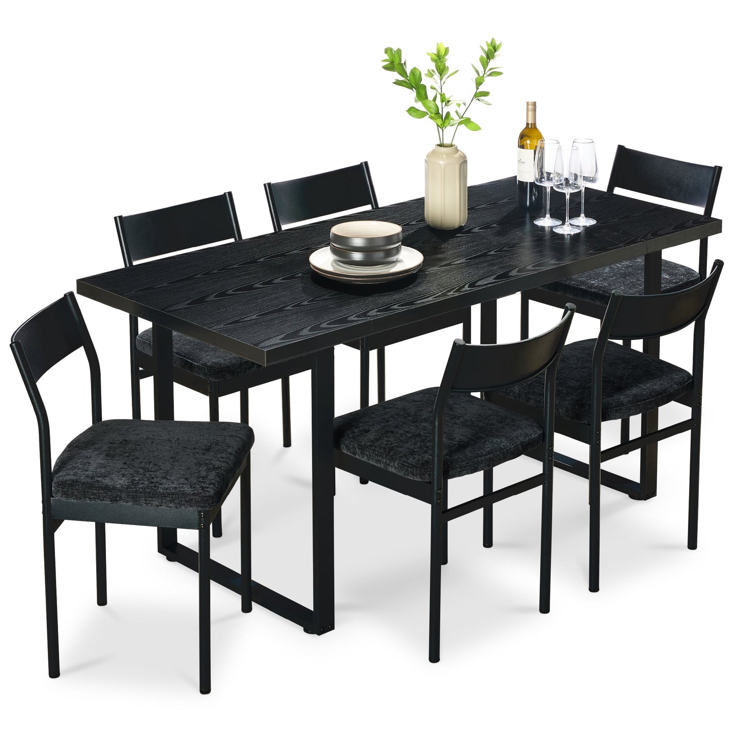 7-Piece Modern Dining Set, Kitchen Table w/ 6 Chairs, Metal Frame