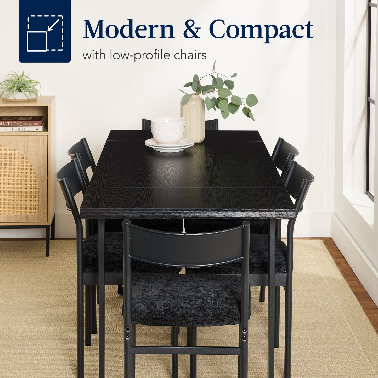 7-Piece Modern Dining Set, Kitchen Table w/ 6 Chairs, Metal Frame