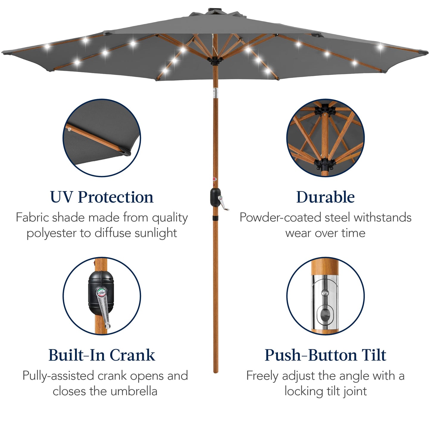 Woodgrain Pattern Solar LED Lighted Patio Umbrella w/ Adjustable Tilt - 10ft