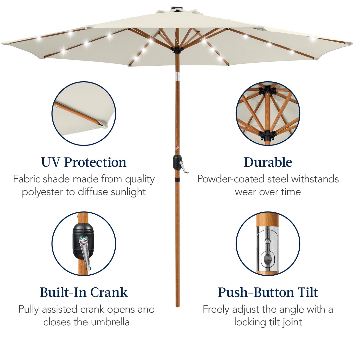 Woodgrain Pattern Solar LED Lighted Patio Umbrella w/ Adjustable Tilt - 10ft