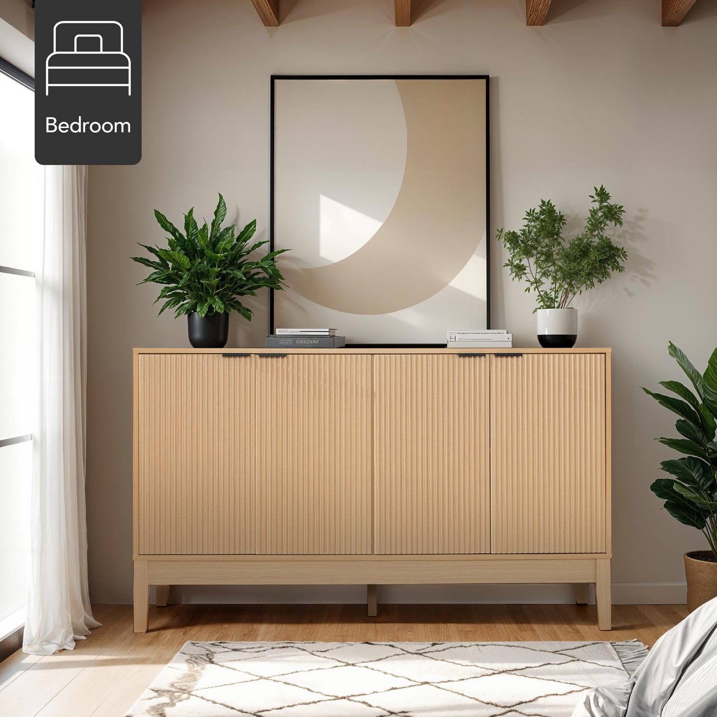 4-Door Reeded Storage Cabinet, Accent Furniture, Sideboard