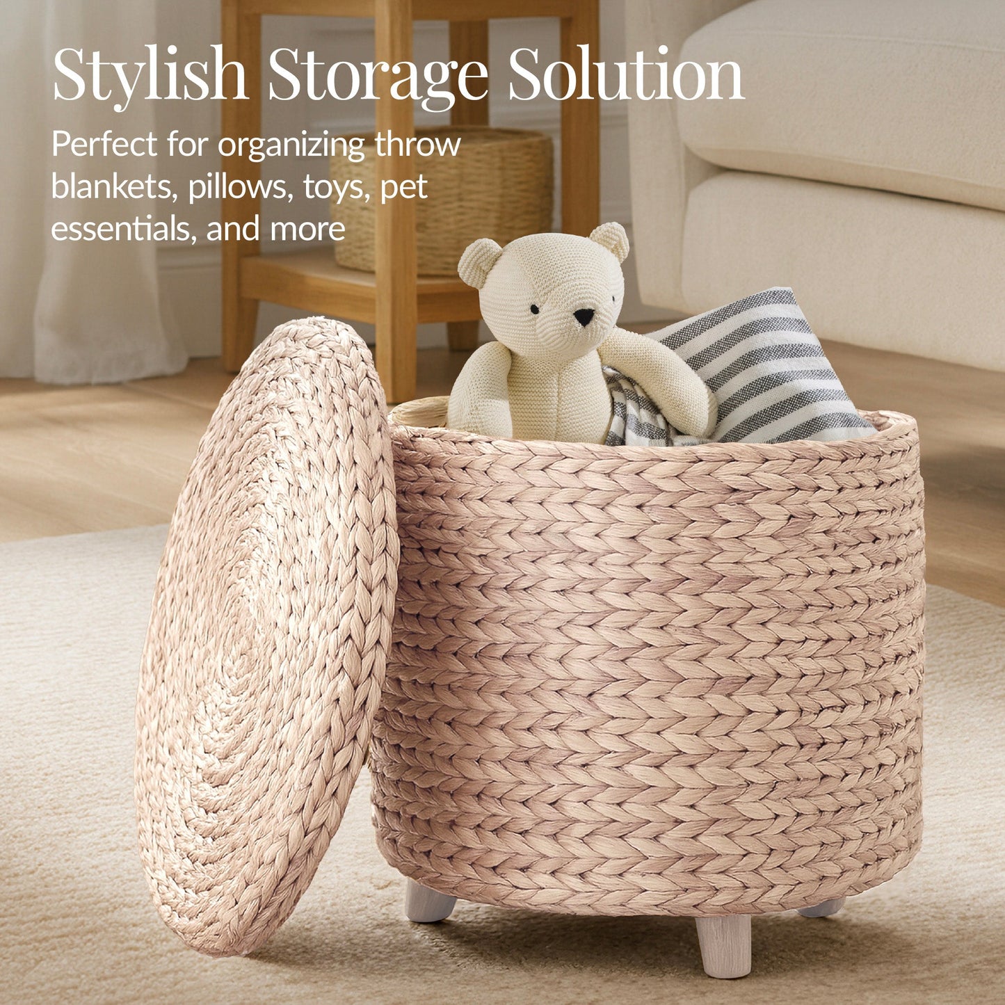 17" Round Storage Ottoman with Lid, Handwoven Water Hyacinth Footstool