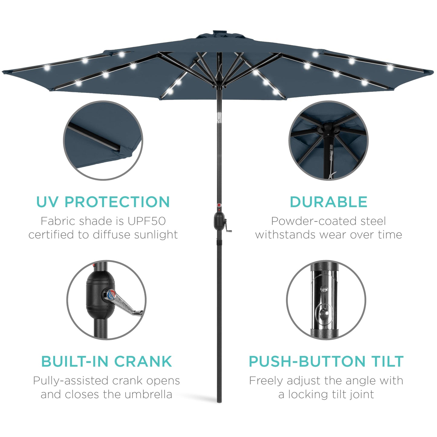 Solar LED Lighted Patio Umbrella w/ Tilt Adjustment, UV-Resistant - 10ft