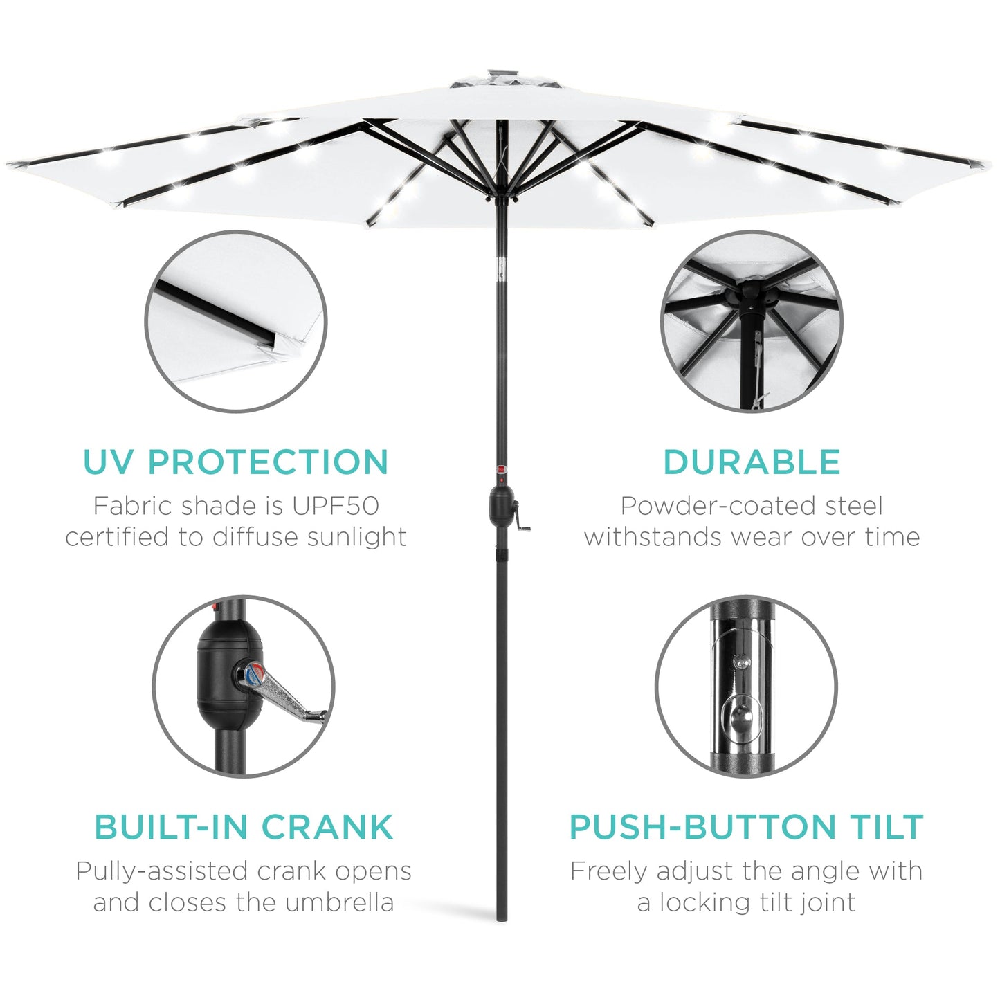 Solar LED Lighted Patio Umbrella w/ Tilt Adjustment, UV-Resistant - 10ft