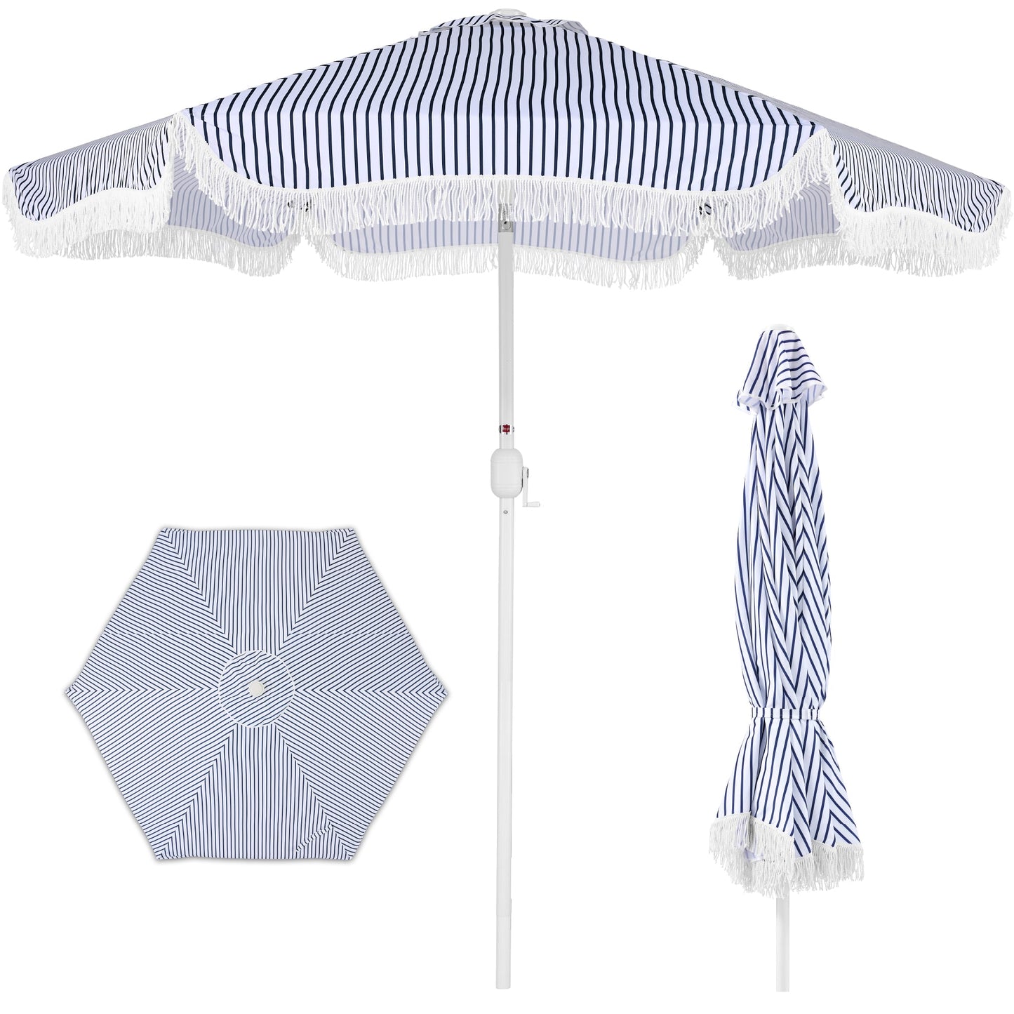 9ft Boho Fringe Umbrella  Tilt, UPF50+, Steel Pole