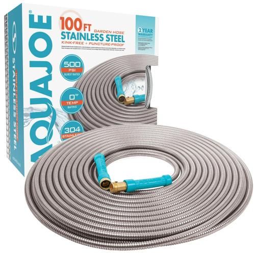 Aqua Joe AJSGH100-MAX 1/2-In Heavy-Duty, Puncture Proof Kink-Free, Garden Hose , w/ Brass Fitting and On/Off Valve , Spiral Constructed 304-Stainless Steel Metal , 100-Ft