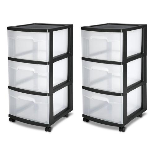Sterilite 3 Drawer Cart Plastic, Black, Set of 2