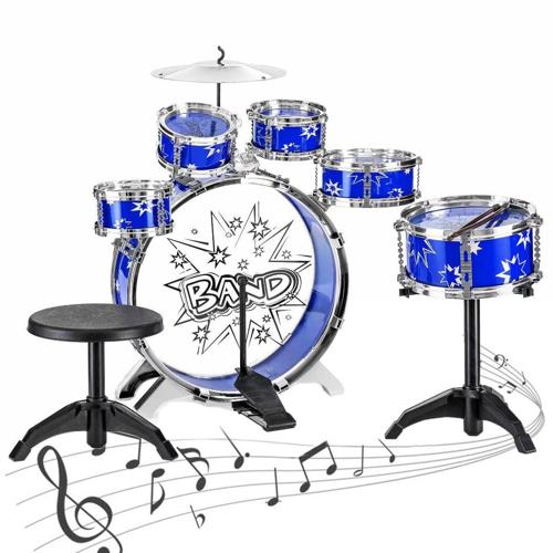 11-Piece Kids Starter Drum Set with Bass Drum, Tom Drums, Snare, Cymbal, Stool, Drumsticks - Blue