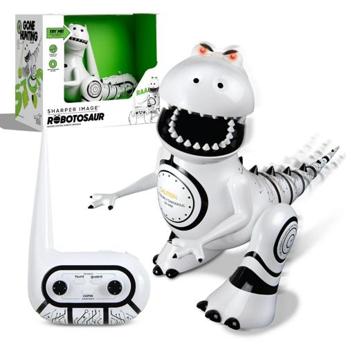 Sharper Image Interactive RC Robotosaur Dinosaur, Built-in Mood Sensors and Color-Changing LED Eyes, Motion Detection, Growls, Snores, Battery Operated- White/Black
