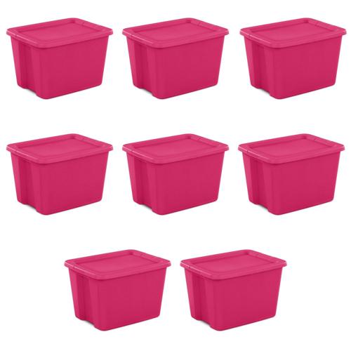 Sterilite 18 Gallon Tote Box Plastic, Fuchsia Burst, Set of 8