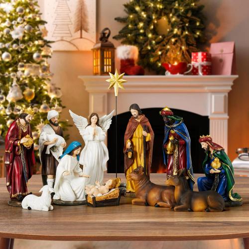 TOETOL Indoor Nativity Set Christmas Nativity Scene Holiday Family Gift Religious Decorations 13 Pieces 7 inch