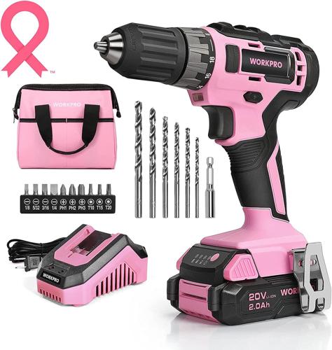 WORKPRO 20V Pink Cordless Drill Driver Set, 3/8a Keyless Chuck, 2.0 Ah Li-Ion Battery, 1 Hour Fast Charger and 11-inch Storage Bag Included